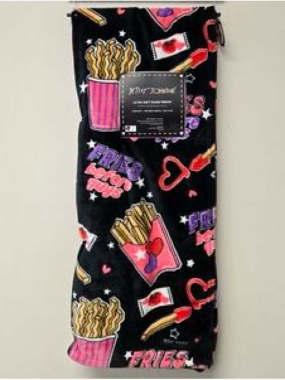 Betsey Johnson Black Plush Throw Blanket with Colorful Fries Before Guys - Picture 2 of 3
